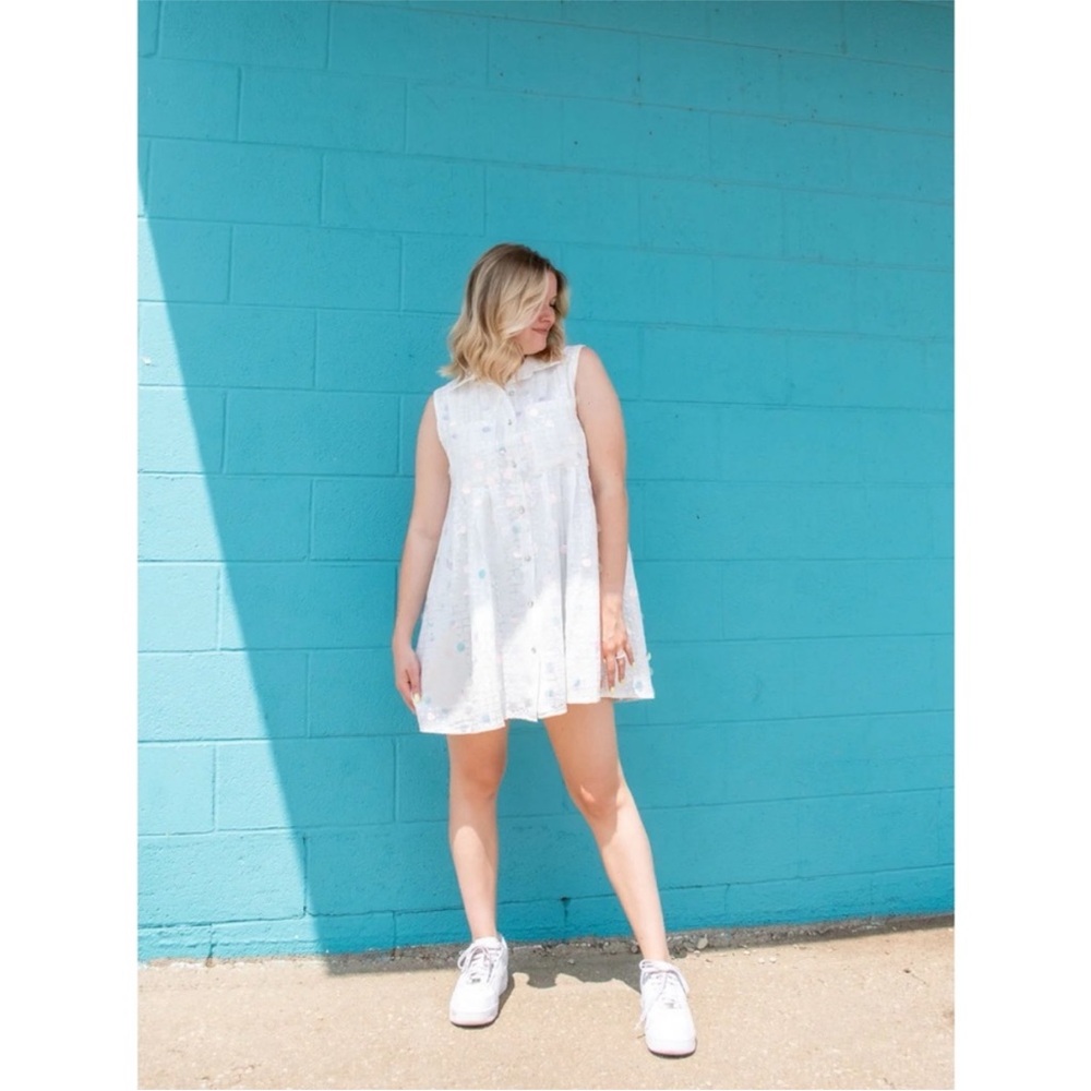 Queen of Sparkles White Checkered Sequin Shirt Dress Rhinestone Button L - Picture 5 of 14